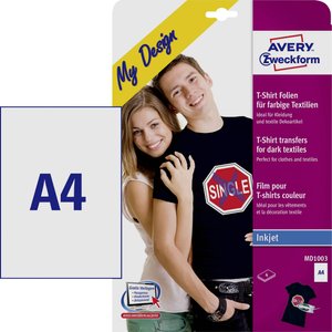 Avery-Zweckform My Design T-Shirt MD1003 Folia do drukarek atramentowych, do tekstu DIN A4 do tkanin farbowanych, Zoptymalizowany do drukarek atramentowych 4 ark.