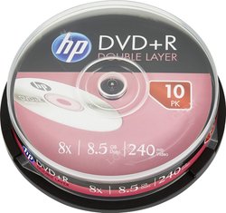 DVD + R DL 8,5 GB / 240 min / 8x Cakebox (10 płyt), srebrna powierzchnia DVD+R DL HP DRE00060 10 szt.