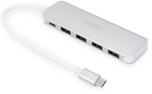 Hub USB 3.2 Gen 1 Digitus DA-70242-1 4+1 Port z gniazdem szybkiego ładowania, z wtyczką USB-C, aluminiowa obudowa srebrny