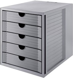 Skrzynka szufladowa SYSTEMBOX KARMA, DIN A4, 5 zamykanych szuflad, szara, wykonana w 80-100% z materiałów pochodzących z recyklingu Szafka z szufladami HAN 14508-18 szary DIN A4, DIN C4 Ilość szuflad: 5