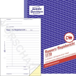 Avery Zweckform 1770 raporty Rapport/Regieport, DIN A5, biały/żółty Formularz raportu bezpośredniego Avery-Zweckform 1770, 80 ark.