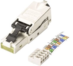 Ekranowany wtyk RJ45 Digitus do montażu w terenie, AWG 22-27, 10 GBit Ethernet, PoE +, osłona przeciwpyłowa, zabezpieczenie przed zgięciem Złącze wtykowe LAN RJ45 Digitus DN-93631 [1x LSA, złącze żeńskie wtykowe, szybkozłączka - 1x złącze męskie RJ45, złą