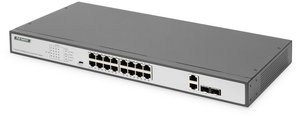 DIGITUS 16-portowy przełącznik Fast Ethernet PoE, 19 cali, niezarządzany, 2 łącza nadrzędne Digitus DN-95342-1 Switch sieciowy 16 + 2 Porty 10 / 100 MBit/s funkcja PoE