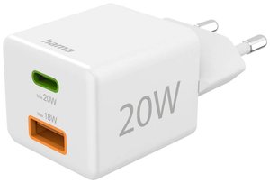 Hama Schnellladegerät, 1x USB-C PD, 1x USB-A QC, Mini-Ladegerät, 20 W, Weiß Ładowarka USB  dom, gniazdo  Ilość wyjść: 2 x USB-A, złącze żeńskie USB-C (Power Delivery) USB Power Delivery (USB-PD)