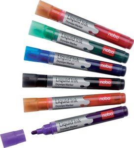 Marker do tablic w płynie Nobo, suchościeralne, 6 sztuk, różne kolory Zestaw markera do białej tablicy nobo Liquid Ink