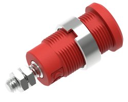 Gniazdo bananowe bezpieczne Ø4mm z nakrętką okrągłą Ø14,5mm, kołkiem gwintowanym M4 i końcówką z nakrętkami sześciokątnymi, czerwone Electro PJP 3265-C-CD1-R Gniazdo laboratoryjne zabezpieczone 1 szt.