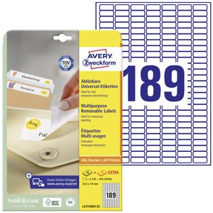 Avery-Zweckform L4731REV-25 Etykieta uniwersalna 25.4 x 10 mm Papier biały 5760 szt. Z możliwością usunięcia Drukarka atramentowa, Drukarka Laserowa, Drukarka Laserowa, kolorowa, Kopiarka, Drukarka z funkcją kopiowania w kolorze, Drukarka etykiet