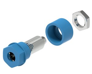 Izolowane gniazdo Ø4mm z końcówką otworową Ø2mm, kołkiem gwintowanym M6 i nakrętką sześciokątną, niebieskie Electro PJP 3230-C-CD1-BL Gniazdo laboratoryjne 1 szt.