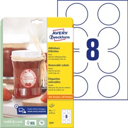 Avery-Zweckform 5081 Etykieta uniwersalna Ø 65 mm Papier biały 80 szt. Z możliwością usunięcia Drukarka Laserowa, kolorowa, Drukarka Laserowa, Drukarka atramentowa