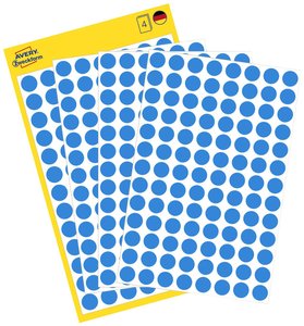 Kropki samoprzylepne AVERY Zweckform (Ø 8 mm, 416 punktów samoprzylepnych na 4 arkuszach, papier, mat) niebieskie Avery-Zweckform 3011 Etykiety do oznaczników Ø 8 mm niebieski 416 szt. Trwały Papier