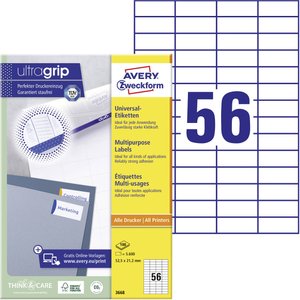 Avery-Zweckform 3668 Etykieta uniwersalna 52.5 x 21.2 mm Papier biały 5600 szt. Trwały Drukarka atramentowa, Drukarka Laserowa, Drukarka Laserowa, kolorowa, Kopiarka, Drukarka z funkcją kopiowania w kolorze, Drukarka etykiet