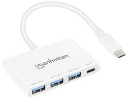 MANHATTAN 3-portowy koncentrator USB 3.0 typu C z zasilaniem USB-C męski na trzy żeńskie USB-A i jeden żeński PD typu C 100 W, 5 Gb / s SuperSpeed USB (USB 3.2 Gen 1), biały Hub USB 3.1 Gen 1 Manhattan 168434 z wtyczką USB-C biały