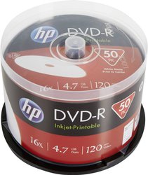 DVD-R 4,7 GB / 120 min / 16x Cakebox (50 płyt), pełnowymiarowa powierzchnia do druku atramentowego DVD-R HP DME00025WIP 50 szt.