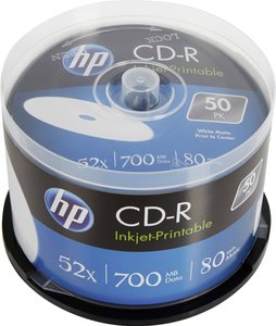 CD-R 80 min / 700 MB / 52x Cakebox (50 płyt), pełnowymiarowa powierzchnia do druku atramentowego CD-R HP CRE00017WIP 50 szt.