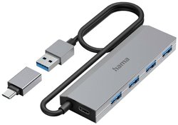 Hub USB Hama, 4 porty, USB 3.2 Gen1, 5 Gbit/s, z adapterem USB-C i zasilaczem Hub USB 3.2 Gen 1 Hama 4 porty z wtyczką USB-C szary