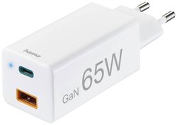 Szybka ładowarka, GaN, 1x USB-C PD, 1x USB-A QC, mini ładowarka, 65W, biała Ładowarka USB Hama GaN 65W 00201643 65 W 3000 mA