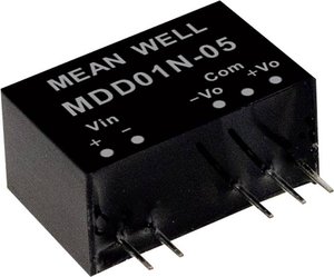 Moduły przetwornicy DC/DC firmy MEANWELL serii MDD01 serii SIP/SIL7 Obudowa Podwójne wyjście Współczynnik napięcia wejściowego: 1:1 Moc: 1W nieregulowany Medyczny Moduł przetwornicy DC/DC Mean Well MDD01M-09 MDD01M-09, 1 W, 56 mA, 1 szt.
