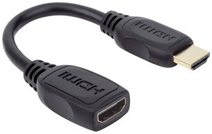 Przedłużacz HDMI Manhattan 4K@60Hz UHD HMDI-Stecker/HDMI-Buchse 18 Gbit/s Bandbreite geschirmt 20cm schwarz 354523, podwójne ekranowanie, HDMI High Speed z Ethernet, certyfikat UL, HDMI 4K z Internetem, 0.20 m