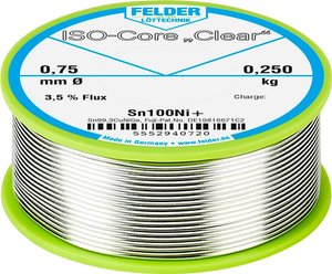 Cyna lutownicza Felder Löttechnik ISO-Core ''Clear'' Sn100Ni+ szpula Sn99,25Cu0,7Ni0,05  0.250 kg 0.75 mm