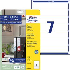 Etykiety na foldery Avery Zweckform L4760-1038 x 192 mm, Inkjet, kolorowa drukarka laserowa, laserowa s/w, kopiarka, do wąskich folderów (krótki), Leitz, Elba, Esselte, Mehle Herlitz Etykiety do folderów Avery-Zweckform L4760-10, 70 szt.