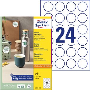 Avery-Zweckform L3415-100 Etykieta uniwersalna Ø 40 mm Papier biały 2400 szt. Trwały Drukarka atramentowa, Drukarka Laserowa, Drukarka Laserowa, kolorowa, Kopiarka, Drukarka z funkcją kopiowania w kolorze, Drukarka etykiet