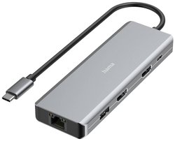Hub USB 3.2 Gen 1 (USB 3.0) Hama Connect2Media 9 Portów z gniazdem szybkiego ładowania, z wtyczką USB-C, obsługa ultra HD szary