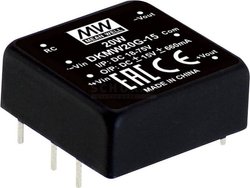 Moduły przetwornicy MEANWELLL DC/DC serii DKMW20 seria 1''x1''' Obudowa Podwójne wyjście Stosunek napięcia wejściowego: 4:1 Moc: 20W regulowana Moduł przetwornicy DC/DC Mean Well DKMW20G-15 DKMW20G-15, 20 W, 830 mA, 1 szt.