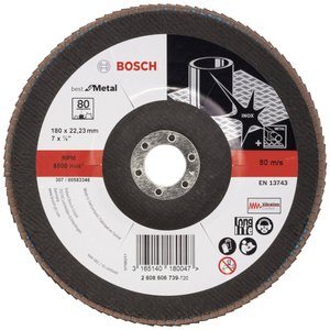 X571 Best for Metal, doskonała trwałość podczas obróbki zgrubnej spoin i szlifowania szorstkich powierzchni. Tarcza lamelkowa Bosch Accessories X571 2608606739 Średnica 180 mm 1 szt.
