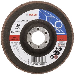 X551 Expert for Metal z imponującą wydajnością usuwania materiału z powierzchni metalowych Z otworem o średnicy 22,23 mm do standardowych szlifierek kątowych z nakrętką mocującą. Tarcza lamelkowa Bosch Accessories X551 2608607356 Średnica 125 mm 1 szt.