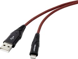 Kabel połączeniowy USB 2.0 Toolcraft [1x wtyczka USB 2.0 A - 1x Lightning] 1,00 m czarno-czerwony odporny na rozdarcie, wyjątkowo wytrzymały, odblaskowy Kabel USB TOOLCRAFT, USB 2.0, Złącze męskie USB-A, Złącze męskie Lightning, 1.00 m