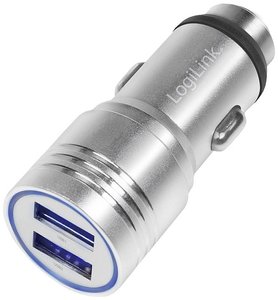 LogiLink  Ładowarka USB 10.5 W samochód osobowy Maksymalne natężenie wyjściowe 2100 mA Ilość wyjść: 2 x USB-A z młotkiem awaryjnym