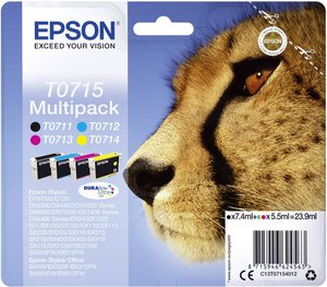 Zestaw combo wkładów atramentowych Epson T0715 czarny, błękitny, purpurowy, żółty C13T07154012 Epson atrament T0715 tusz oryginalny Combi-Pack Czarny, Cyjan, Magenta, Żółty C13T07154012