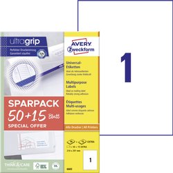 Etykiety uniwersalne, trwałe z Ultragrip, 210 x 297 mm, atramentowe, czarno-białe laserowe, kolorowe laserowe, A4 Avery-Zweckform 6603 210 x 297 mm biały 65 szt.