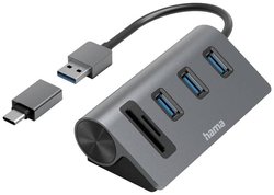 Hub USB 3.2 Gen 1 Hama 5 Portów wbudowany czytnik kart pamięci SD, z wtyczką USB-C szary