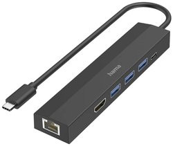 Hub USB 3.2 Gen 1 (USB 3.0) Hama  6 Portów z gniazdem szybkiego ładowania, z wtyczką USB-C, obsługa ultra HD czarny