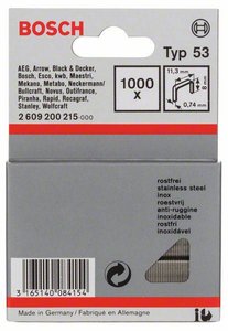 Zszywki z cienkiego drutu, typ 53, 11,4 x 0,74 x 8 mm, 1000 szt., ze stali nierdzewnej Bosch Accessories 2609200215, N/A, 1000 szt.