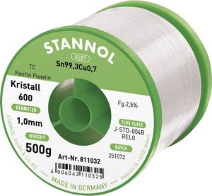 Drut do lutowania miękkiego Stannol Kristall 600 w stopie Flowtin TC Sn99Cu1 z zawartością topnika 2,5% o średnicy 1,0 mm na szpuli 500g Cyna lutownicza bezołowiowa Stannol Kristall 600 Fairtin bezołowiowa Sn99,3Cu0,7 REL0 500 g 1 mm