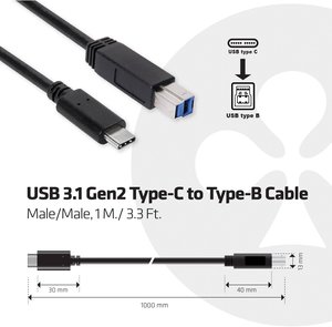 Kabel USB club3D CAC-1524, USB 3.2 Gen1 (USB 3.0), Złącze męskie USB-C®, Złącze męskie USB-B, 1.00 m
