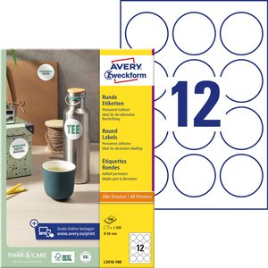 Avery-Zweckform L3416-100 Etykieta uniwersalna Ø 60 mm Papier biały 1200 szt. Trwały Drukarka atramentowa, Drukarka Laserowa, Drukarka Laserowa, kolorowa, Kopiarka, Drukarka z funkcją kopiowania w kolorze, Drukarka etykiet