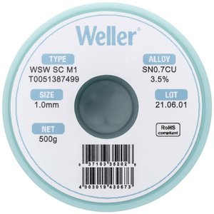 Cyna lutownicza bezołowiowa Weller WSW SC M1 szpula Sn0,7Cu  500 g 1 mm