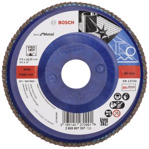 X571 Best for Metal, doskonała trwałość podczas obróbki zgrubnej spoin i szlifowania szorstkich powierzchni. Tarcza lamelkowa Bosch Accessories X571 2608607337 Średnica 115 mm 1 szt.