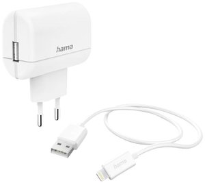 Ładowarka z kablem ładującym Lightning, 12 W, 1,0 m, kolor biały Hama  Ładowarka USB 12 W dom, gniazdo  Ilość wyjść: 1 x USB-A