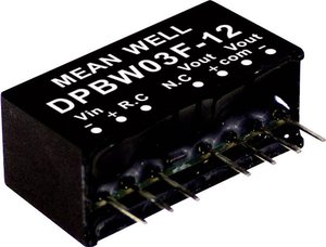 Moduły przetwornicy DC/DC MEANWELLL DPBW03 Seria SIP/SIL8 Obudowa Podwójne wyjście Napięcie wejściowe: 4:1 Moc: sterowana 3W Moduł przetwornicy DC/DC Mean Well DPBW03F-15 DPBW03F-15, 3 W, 100 mA, 1 szt.