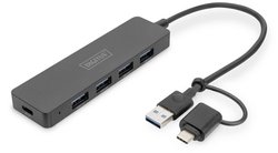 DIGITUS DA-70235 Koncentrator USB 3.0, 4-portowy, slim line, 0,2 m, czarny Hub USB 3.0 Digitus DA-70235  z wtyczką USB-C czarny