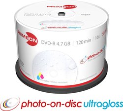 PRIMEON DVD-R 4.7GB 16x Photo-on-Disc ultrabłyszczący wałek 50 mm DVD-R Primeon 2761207 50 szt.