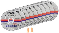 tarcze tnące kwb 712021 cienka szlifierka kątowa Tarcza tnąca 115 mm do stali nierdzewnej INOX w pudełku do przechowywania wraz z zatyczkami do uszu ABM. 115 x 1,0 x 22,23, Zestaw tarcz tnących kwb  712021 115 mm 10 szt.