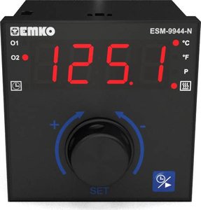 EMKO ESD-9944-N.5.20.0.1/01.00/1.0.0.0 2-punktowy i PID regulator temperatury z uniwersalnym wejściem czujnika, timerem, brzęczykiem i pokrętłem Zasilanie 230 V AC Termostat Emko ESM-9944-N Pt100, J, K, R, S -200 do 1700 °C Przekaźnik 7 A, Przekaźnik 5 A 