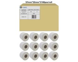 Kompatybilny z papierem termicznym powlekanym Zebra 800262-125 (12x 2100 / 57 x 32mm), ograniczona odporność na wilgoć i tłuszcz, perforowany - marka: G&,G Etykiety do drukarek etykiet G&G RL-P-S2011-57*32*2100-BK/WT, 57 x 32 mm, Etykieta uniwersalna,