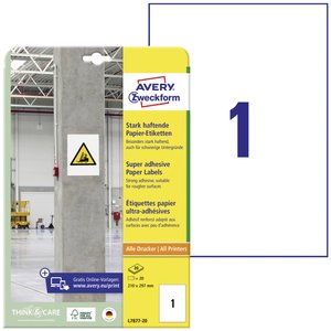 Avery-Zweckform L7877-20 Etykiety samoprzylepne 210 x 297 mm Papier biały 20 szt. Trwały, Silnie łączący Drukarka atramentowa, Drukarka Laserowa, Drukarka Laserowa, kolorowa, Kopiarka, Drukarka z funkcją kopiowania w kolorze, Drukarka etykiet