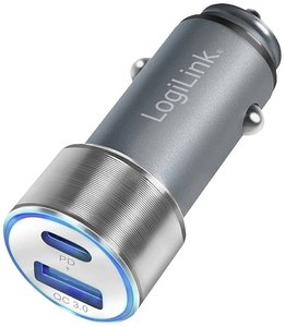 LogiLink Ładowarka USB 36 W samochód osobowy Maksymalne natężenie wyjściowe 3000 mA Ilość wyjść: 2 x złącze żeńskie USB-C (Power Delivery), USB-A USB Power Delivery (USB-PD)